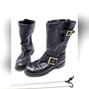 Jimmy Choo Black Leather Fur-Lined Moto Boots 35